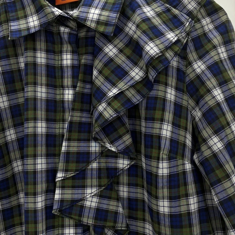 Tory Burch Tartan Plaid Button Ruffle Preppy Office Top Shirt Blouse Green 6